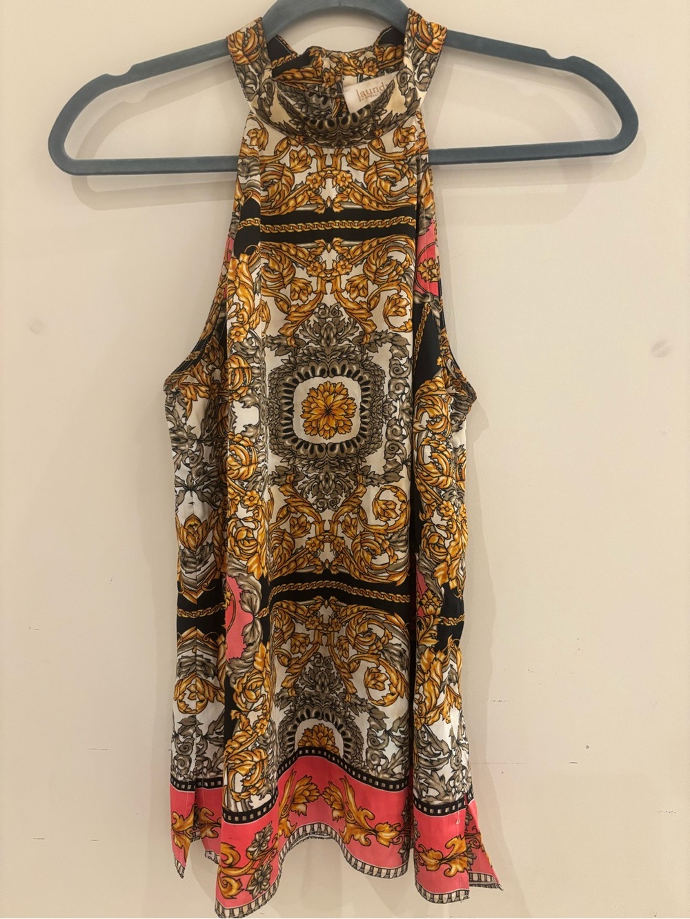 Laundry By Shelli Segal Pink, Gold & Black Baroque Halter Tank